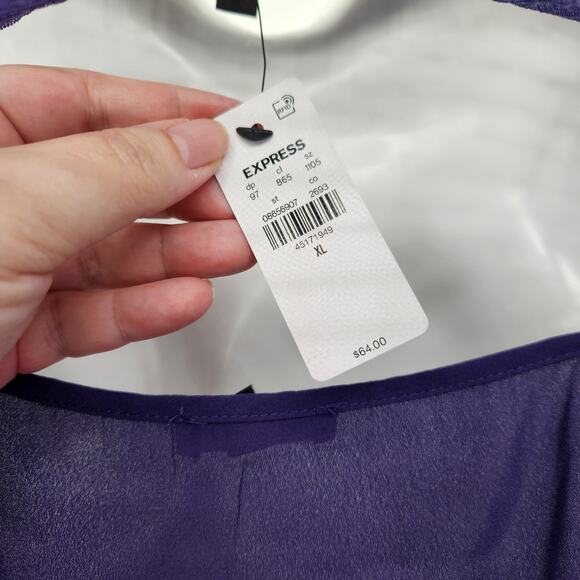 NWT Express Purple Sheer Dot Mock Neck Smocked Cuff 2Pc Blouse Set Women's XL - Picture 6 of 11